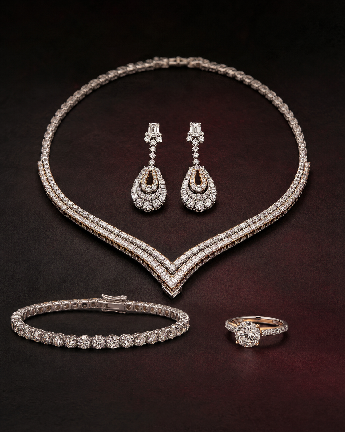 Diamond collar, drop earrings, tennis bracelet and solitaire ring