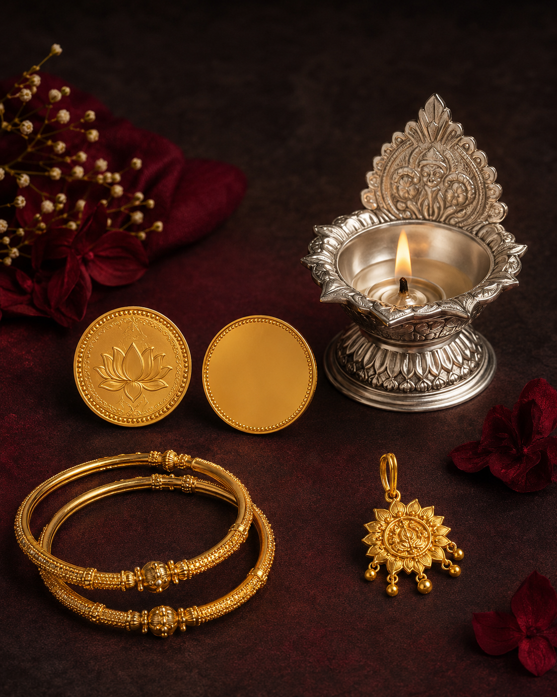 Gold lotus coins, silver diya and gifting bangles
