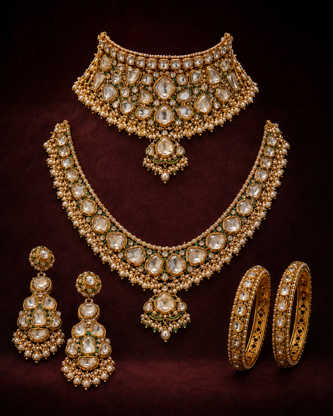 Royal polki choker, necklace, earrings and bangles with green enamel